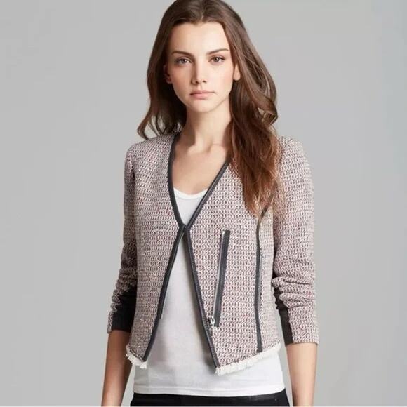 NWOT-$495 REBECCA TAYLOR Sz2 CUTAWAY LEATHER TRIM ASYMMETRIC TWEED JACKET RED CO - Picture 2 of 6